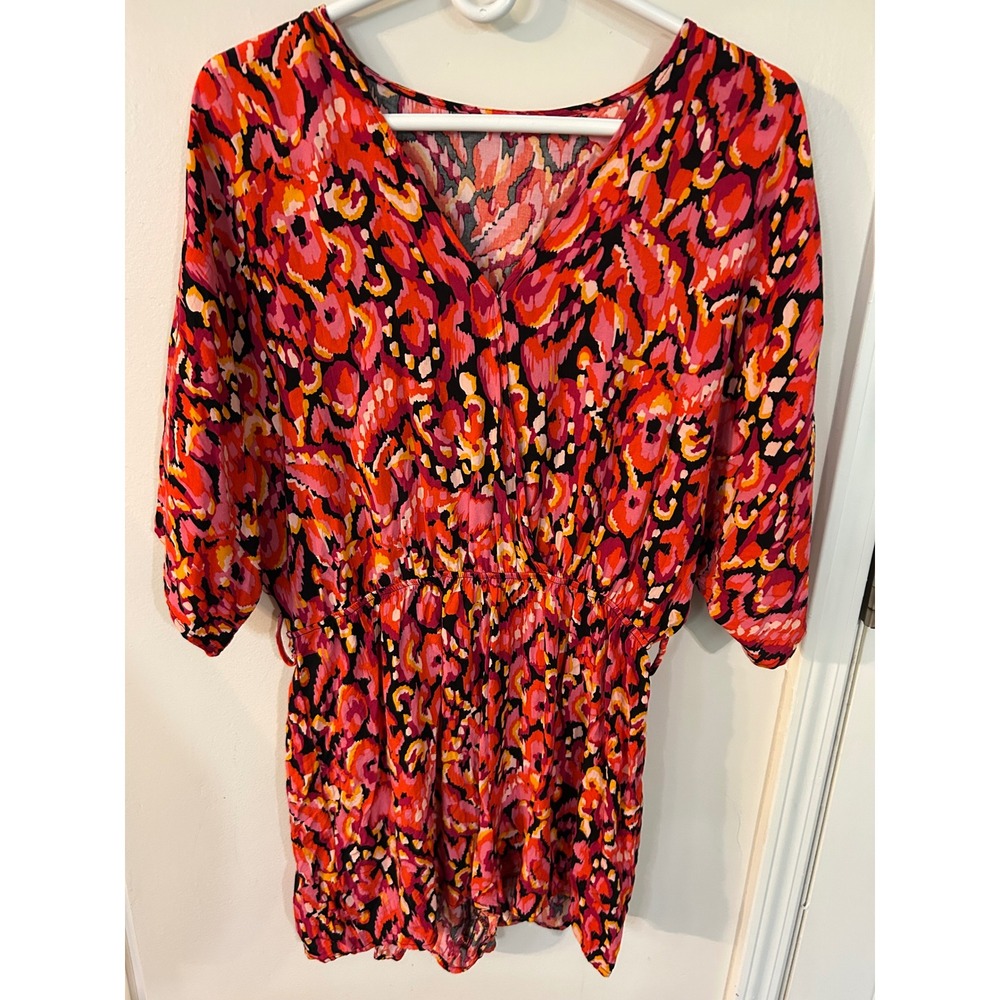 Pink Orange Abstract Ikat Print V-Neck Elastic Waist Romper Womens Short Sleeve‎